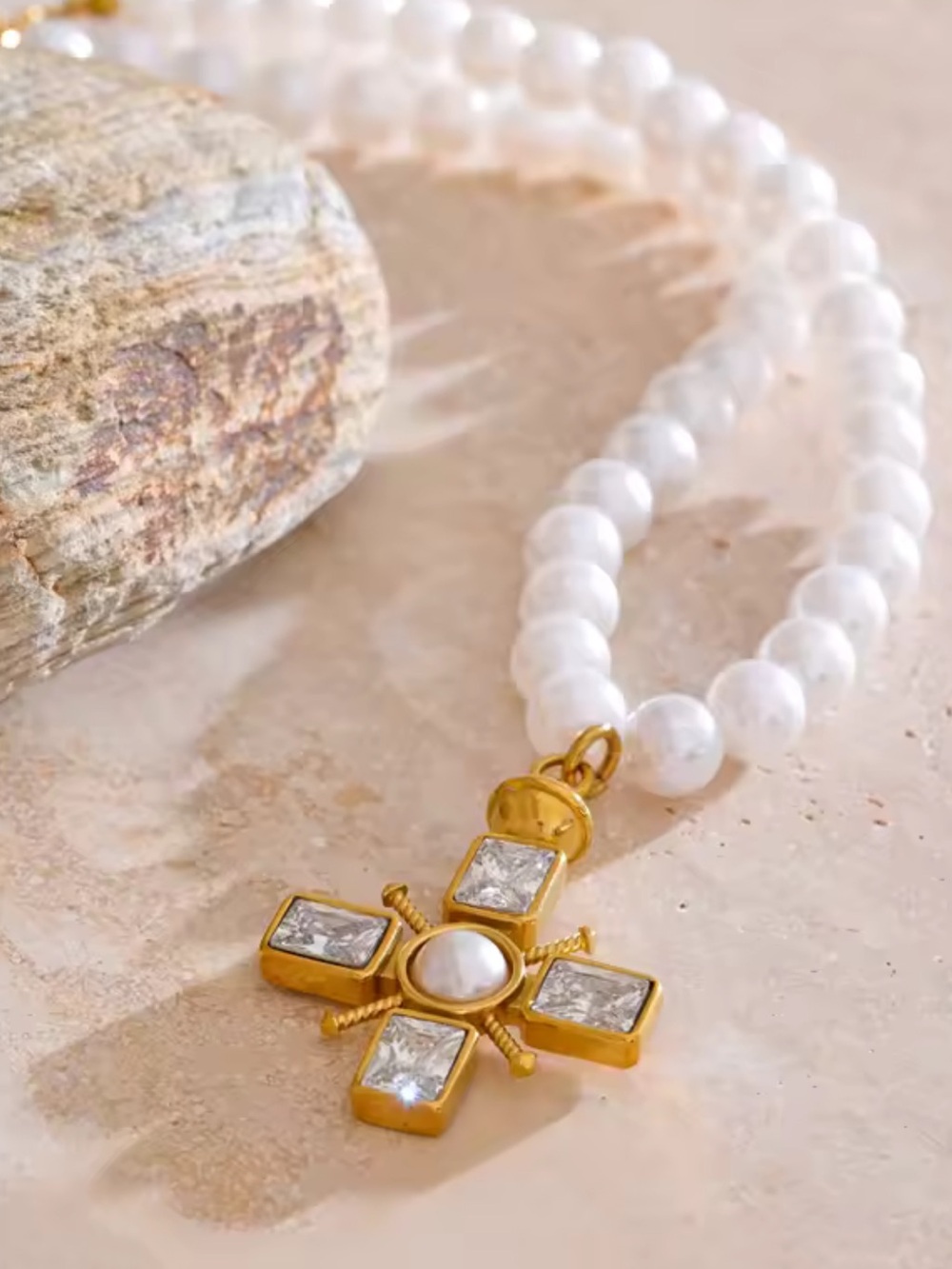 Gold Cross Pearl Pendant Necklace - Picture 2 of 16